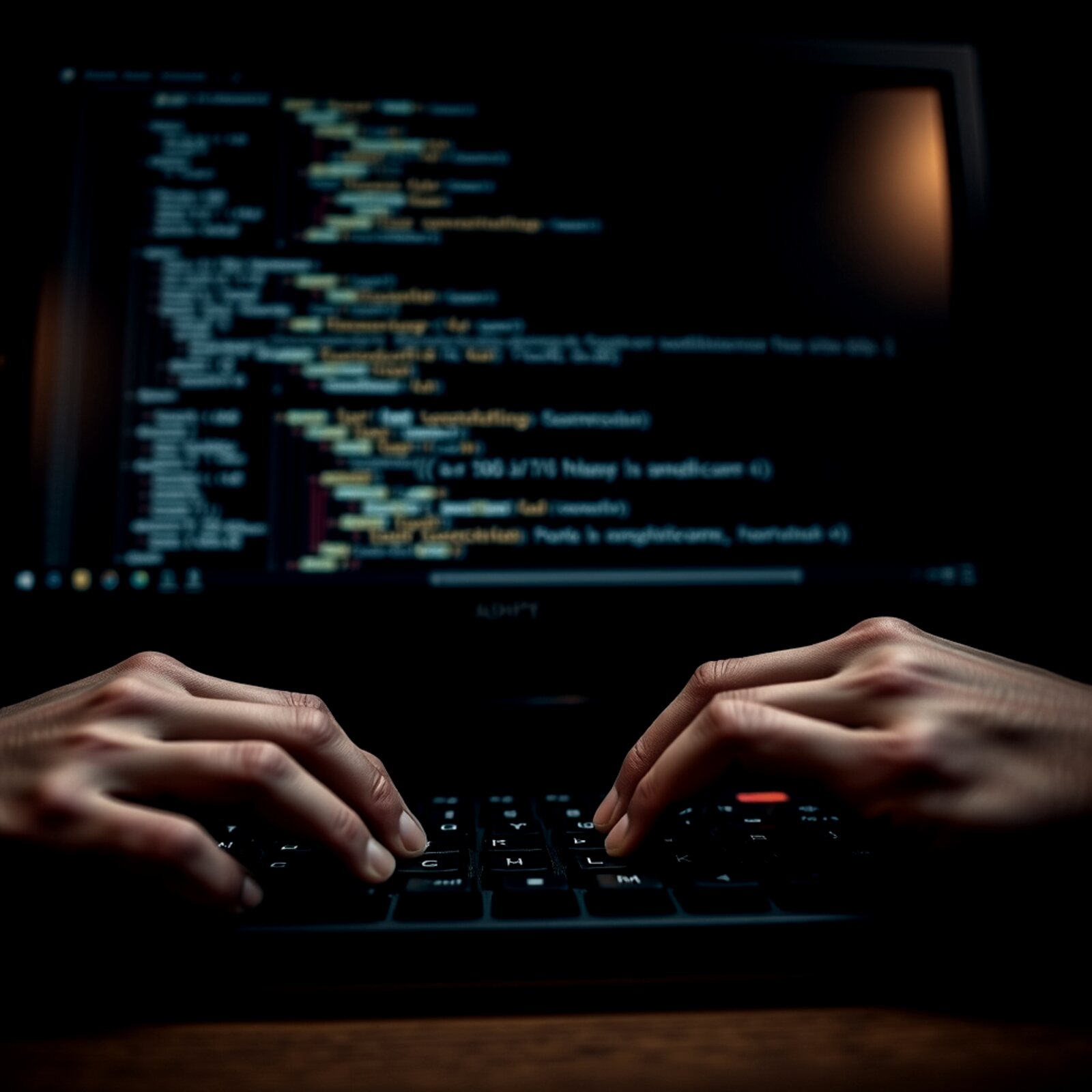 An HLD SEO Agency engineer building the production stack — hands on a mechanical keyboard with PHP and schema on screen