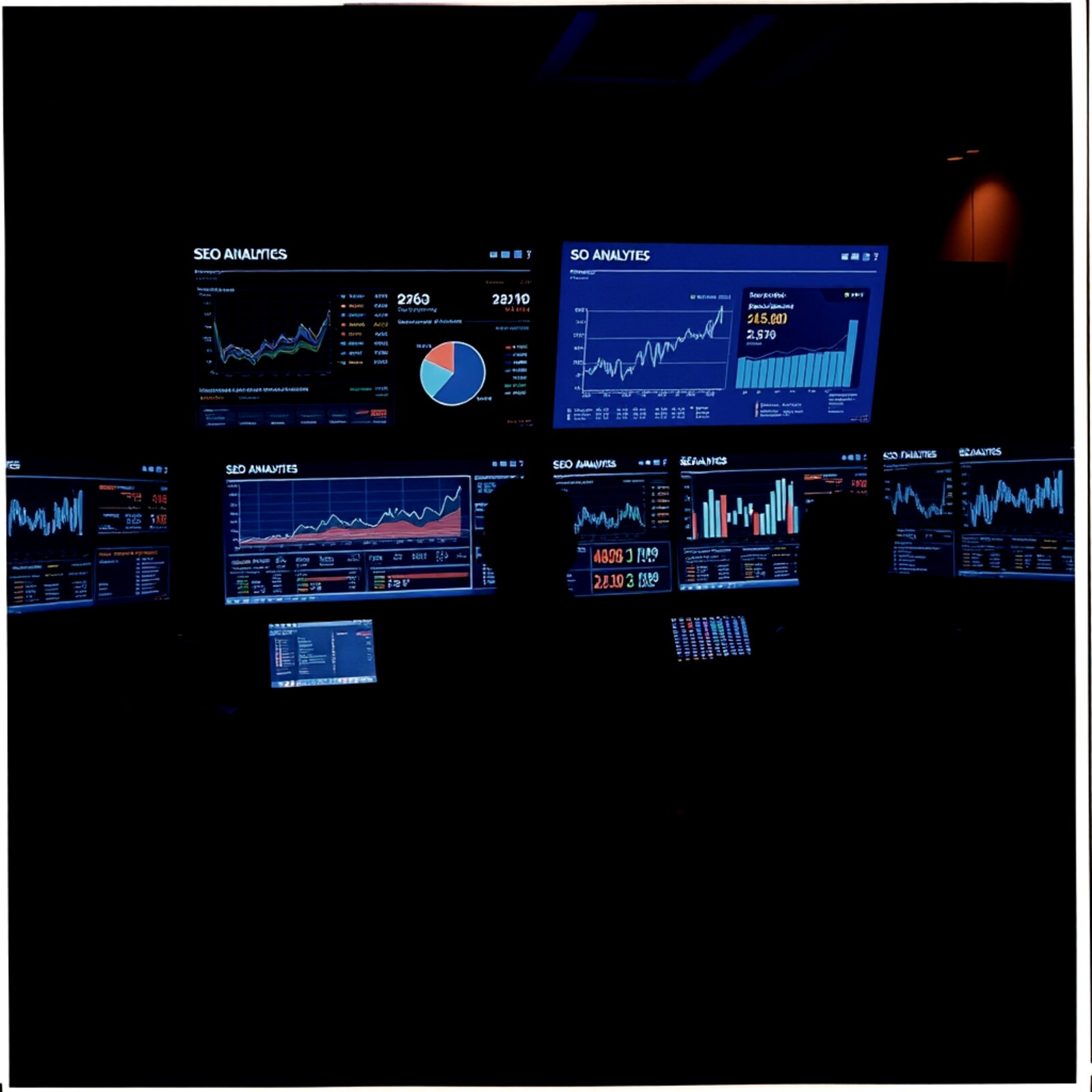 HLD SEO Agency operations — a wall of live SEO analytics and campaign dashboards monitored in real time